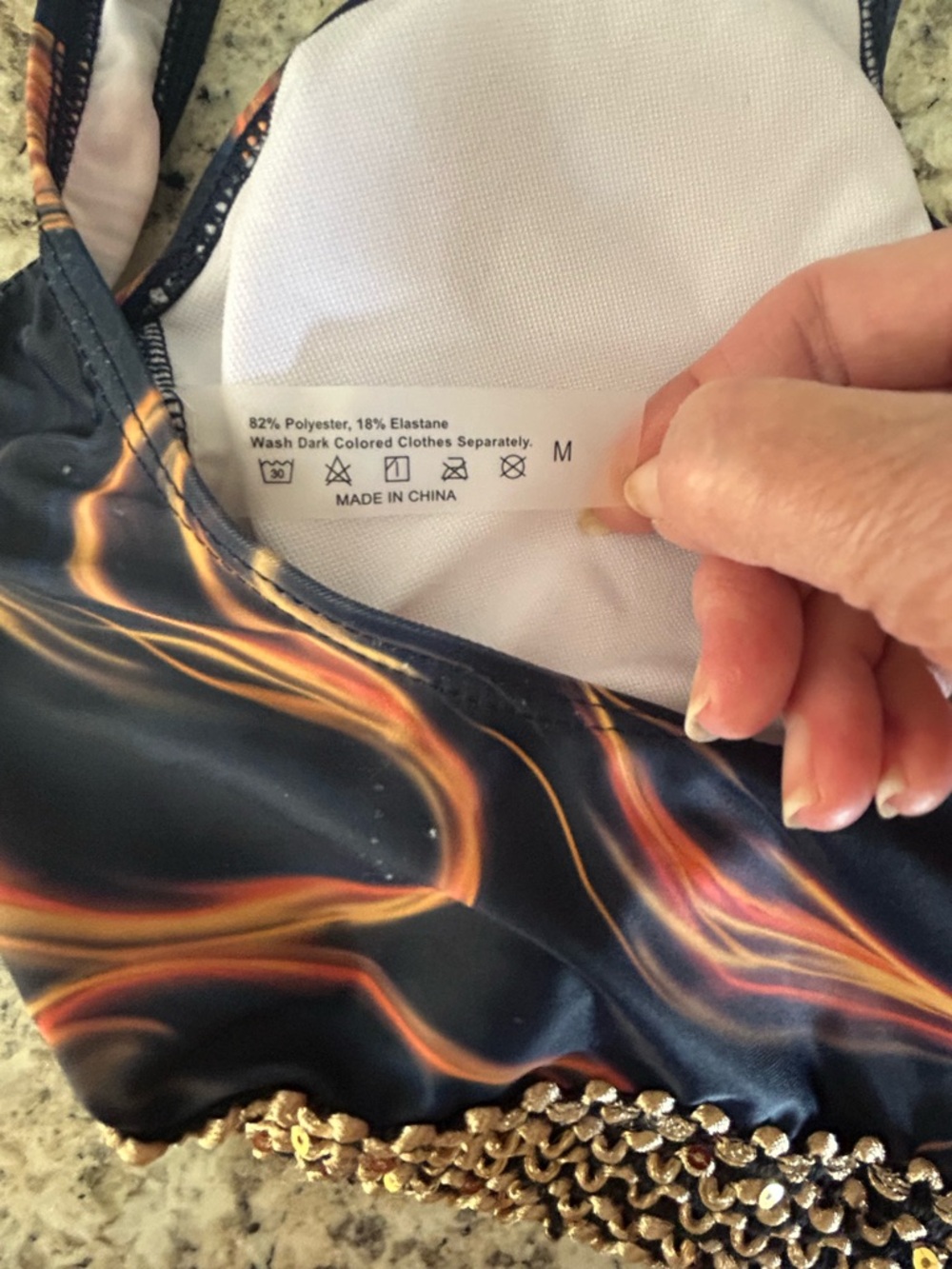 NWOT 2Pc Swimsuit Bikini Navy Orange Swirl Textured Gold Sequin Trim Size M - Picture 8 of 12